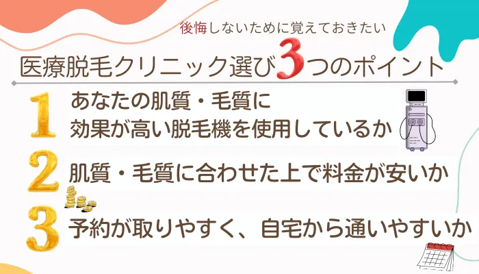 医療脱毛クリニック選び3つのポイント