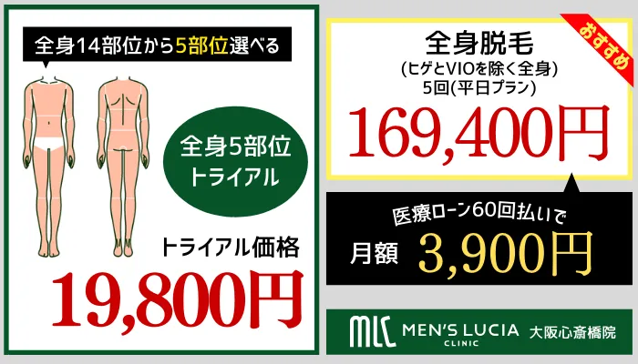 メンズルシアクリニック大阪心斎橋全身脱毛料金
