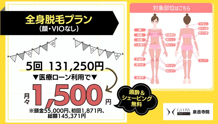 グロウクリニック 泉岳寺全身脱毛料金