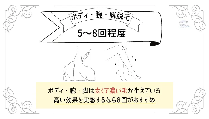 ボディ・腕・脚脱毛は5〜8回程度