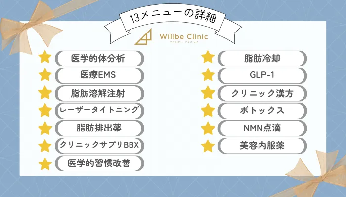 ウィルビークリニック医療ダイエット13メニューの詳細