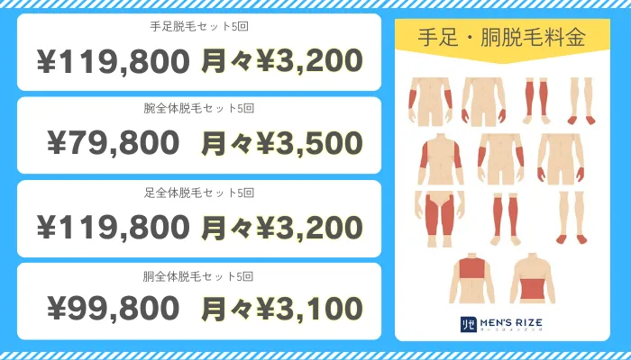 メンズリゼ手足・胴脱毛料金
